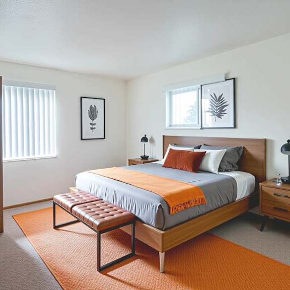 a bedroom with a bed, nightstand, and a plant.