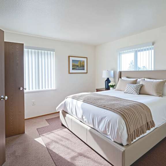 a bedroom with a large bed and a painting on the wall.