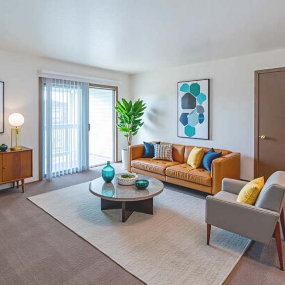 a living room with a sofa, a coffee table, and a painting on the wall.