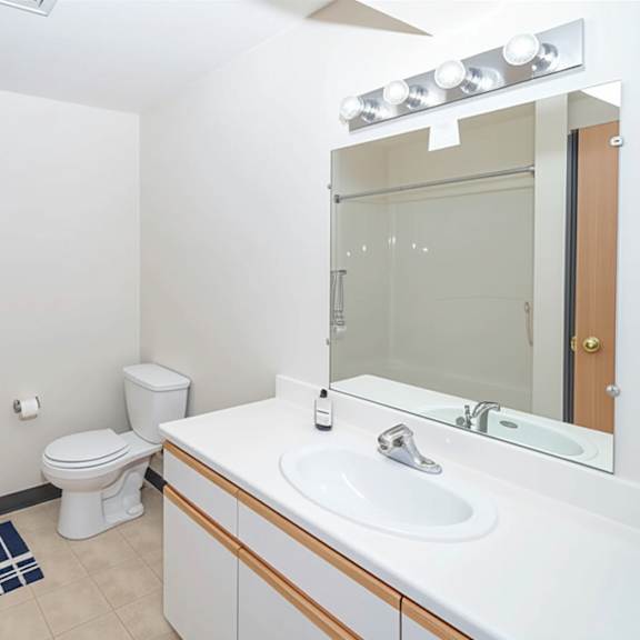 a bathroom with a toilet, sink, and mirror.