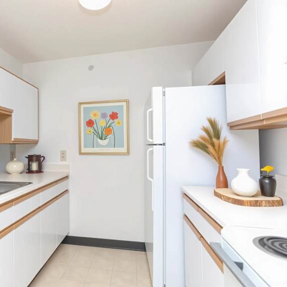 a kitchen with white cabinets and a painting on the wall.