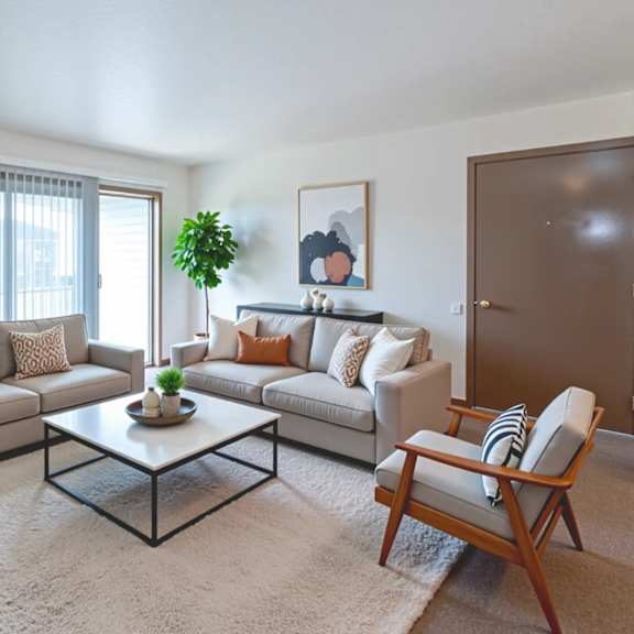 a living room with a grey couch, a coffee table, and a wooden chair.