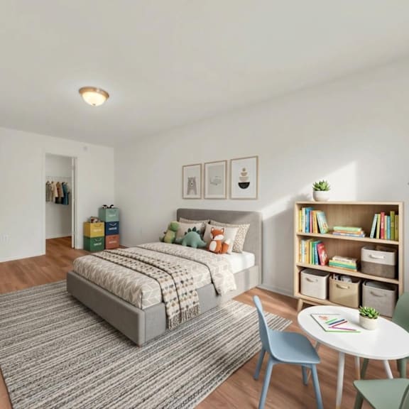 a bedroom with a bed, a bookshelf, a chair, and a table.