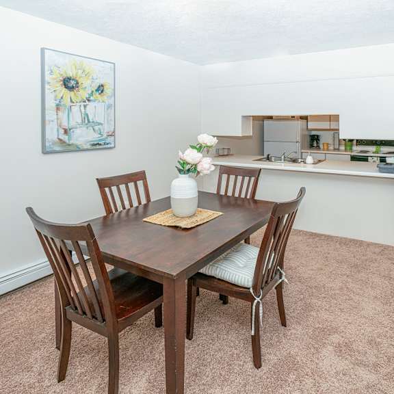 dining room and kitchen view at kuder estates apartments, mrd conventional, indiana, 46582