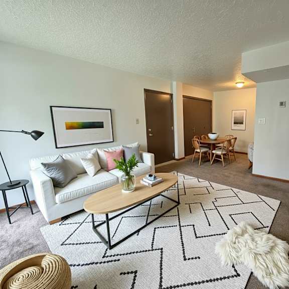 a living room with a white couch, a coffee table, and a rug.