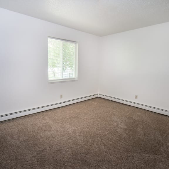 an empty room with carpet and a window