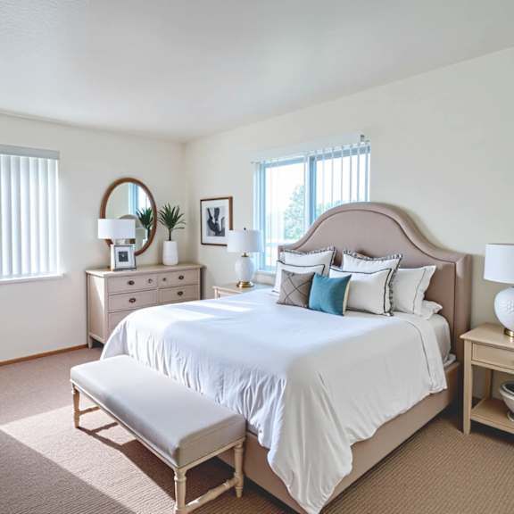 a bedroom with a large bed, a nightstand, and a dresser.