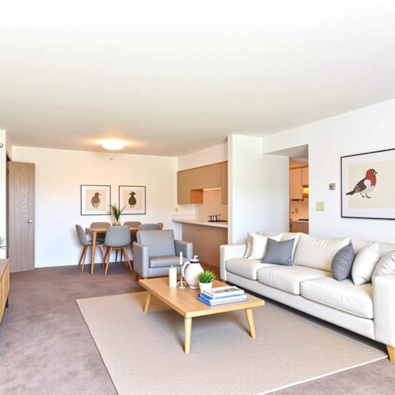a living room with a white couch, wooden coffee table, and a rug.