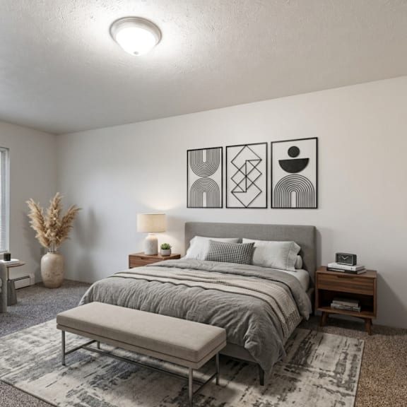 a bedroom with a large bed and a grey chair.