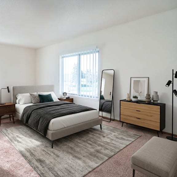 a bedroom with a bed, nightstand, chair, and window.