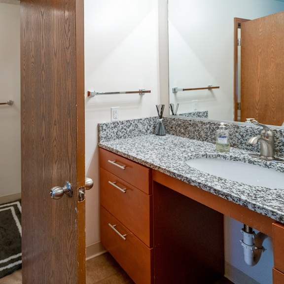 upgraded bathroom fixtures at raleigh house apartments, mrd apartments, east lansing, mi