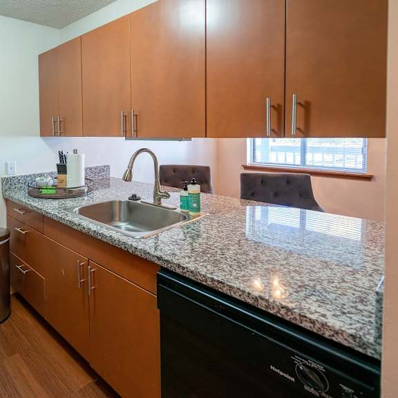 stainless steel sink with faucet in kitchen at raleigh house apartments, mrd apartments, east lansing, mi, 48823