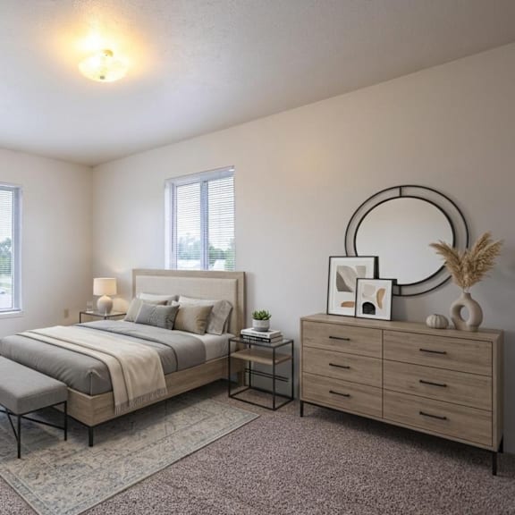a well-lit bedroom with a large bed, a chair, and a bench.