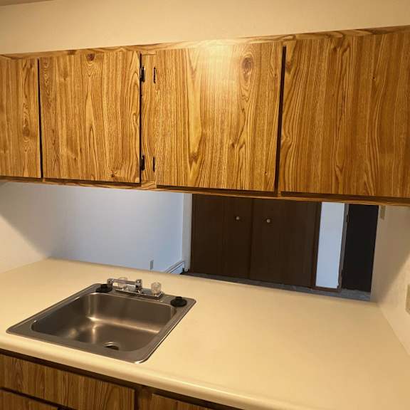 an empty kitchen with a sink and wooden cabinets