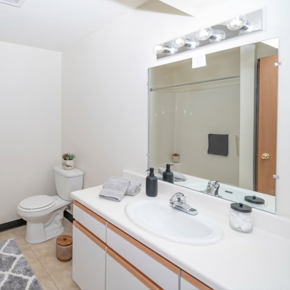 a bathroom with a white toilet, sink, and mirror.