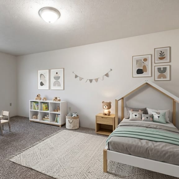 a bedroom with a bed, a table and chairs, and a window.
