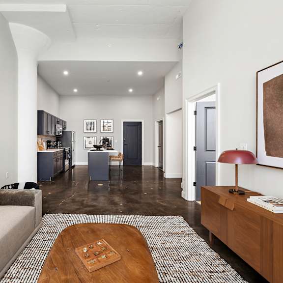 a living room with a couch and a coffee table