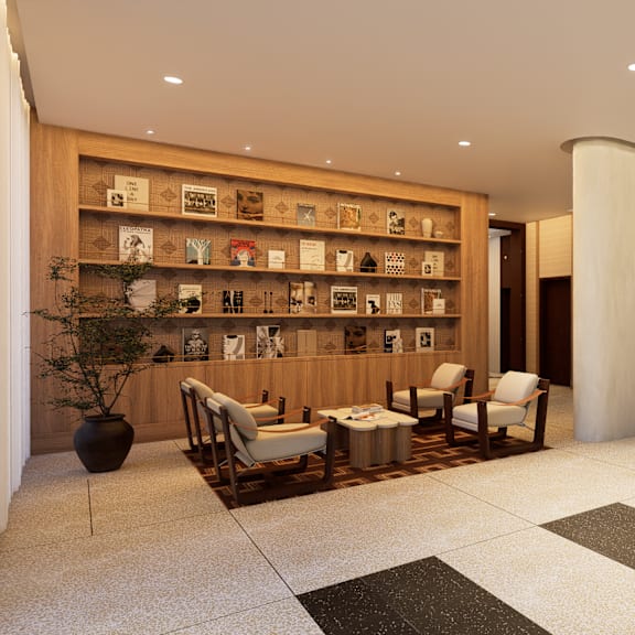 a modern living room with a black and white checkered floor.