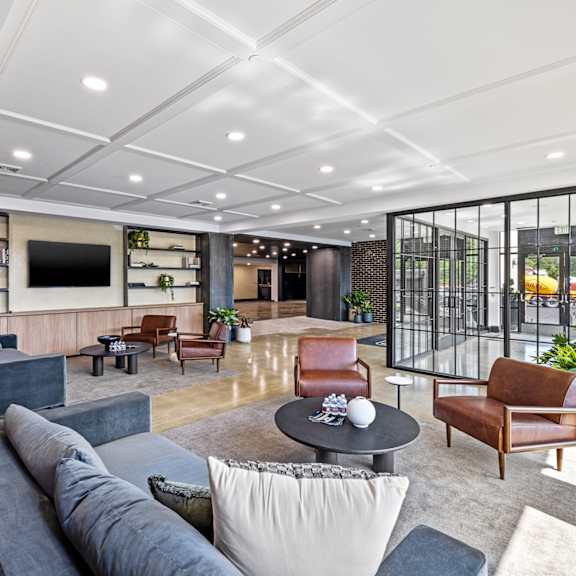 a living room with couches and chairs and a television