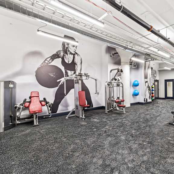 a gym with exercise equipment and a mural on the wall