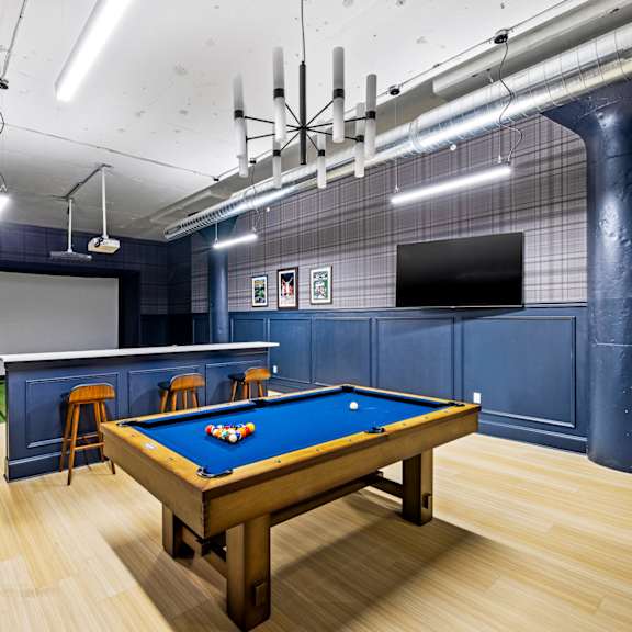 a games room with a pool table and a television