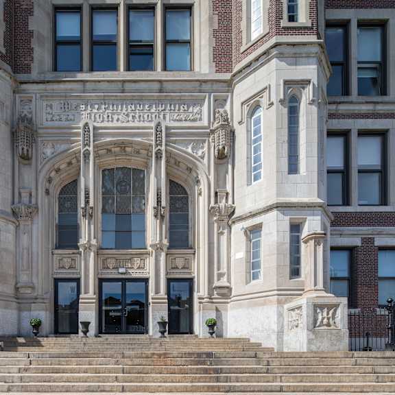a view of the front of the building from the bottom of the stairs