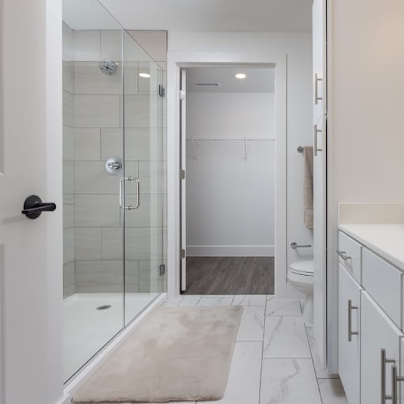 Thumbnail 6 of 6 Primary bathroom with modern glass stand-alone shower and quartz countertops at 2020 Providence in Huntsville, AL