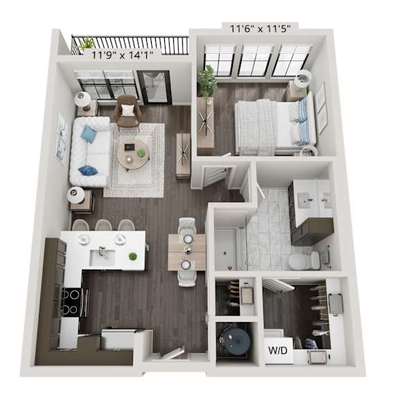 Thumbnail 1 of 6 One bedroom apartment 3D floor plan layout at 2020 Providence Apartments, Huntsville, 35806