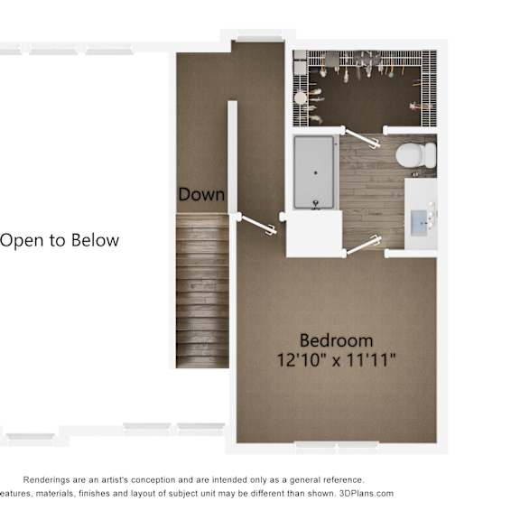 Thumbnail 8 of 8 upper floor 2D dimensional floor plan of a 2BR 2BA townhouse with ground floor garage at Tapestry Nona Apartments in Orlando, FL