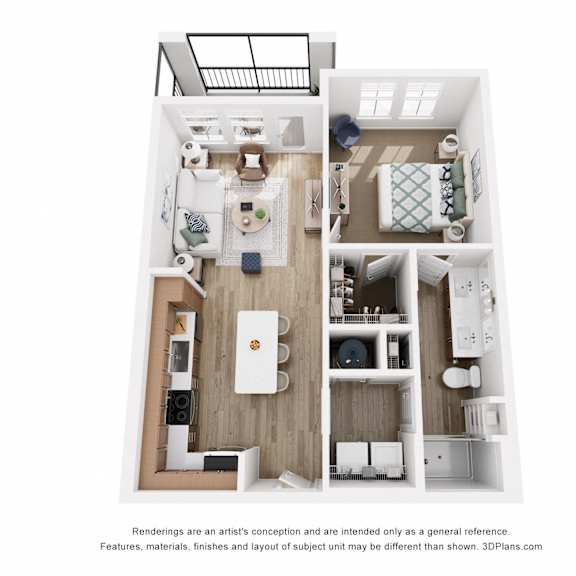 Thumbnail 1 of 2 A 3D floor plan of a house with a kitchen, living room, and two bedrooms.