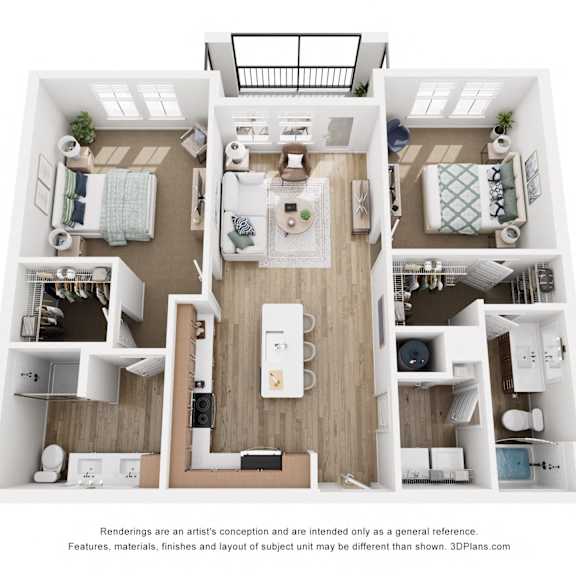 Thumbnail 1 of 2 A 3D floor plan of a house with a kitchen, living room, and bathrooms.