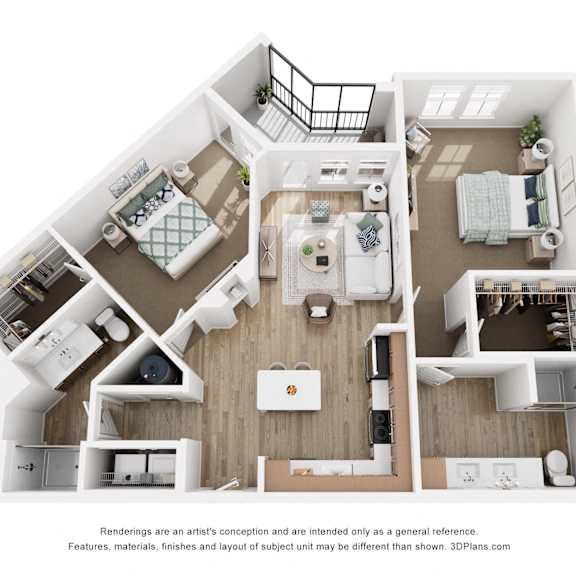 Thumbnail 1 of 2 A 3D floor plan of a house with a kitchen, living room, and two bedrooms.