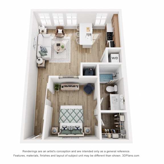 Thumbnail 1 of 2 A 3D floor plan of a small apartment with a kitchen, living room, and bathroom.