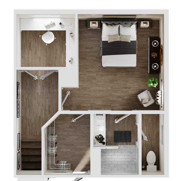 Thumbnail 2 of 13 3-D rendering of the upper level of a 2-bedroom, 2.5-bathroom townhouse at Turnberry Park Luxury Rental Homes in Gardendale, AL