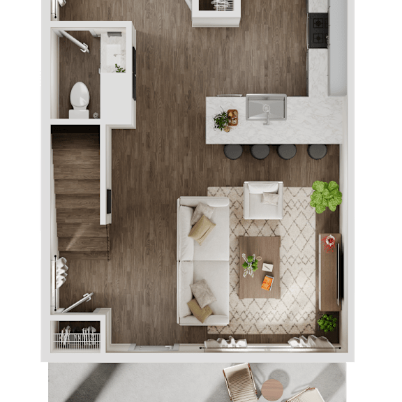 Thumbnail 1 of 16 3-D rendering of upper level of a 2-bedroom, 2.5-bathroom townhouse at Turnberry Park Luxury Rental Homes in Gardendale, AL