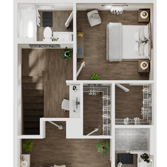 Thumbnail 2 of 16 3-D rendering of the upper level of a 2-bedroom, 2.5-bathroom townhouse at Turnberry Park Luxury Rental Homes in Gardendale, AL