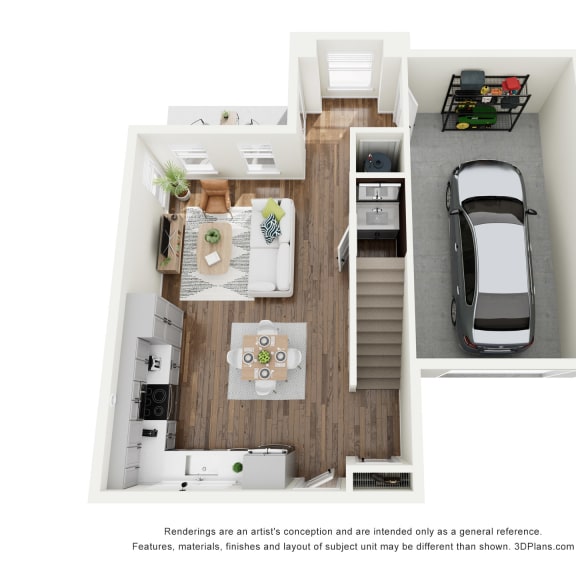Thumbnail 2 of 3 rendering of the first floor of a two-bedroom townhouse at West Row Lofts and Townhomes in Birmingham, AL
