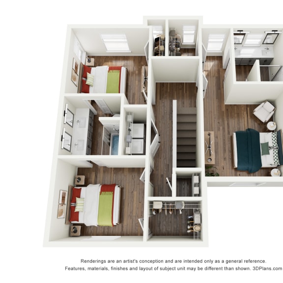 Thumbnail 3 of 3 rendering of the second floor of a one-bedroom townhouse at West Row Lofts and Townhomes in Birmingham, AL