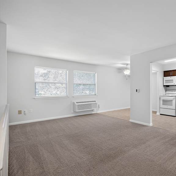 a spacious room with carpeted floor and a window with a view of trees outside.