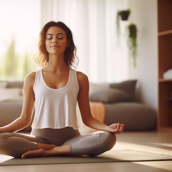 a woman sitting on a yoga mat on the floor with her eyes closed