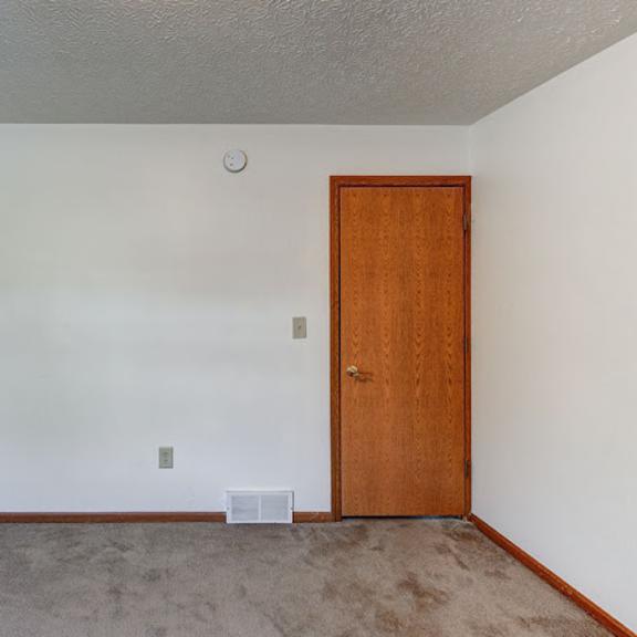 a room with a brown door and a grey carpet.