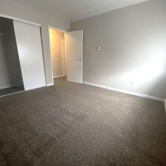 a bedroom with a carpeted floor and a closet and a window