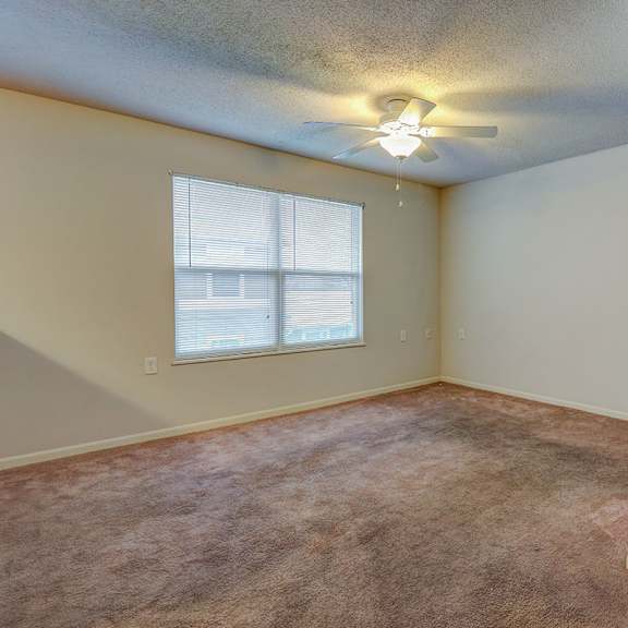 a carpeted room with a ceiling fan and a window