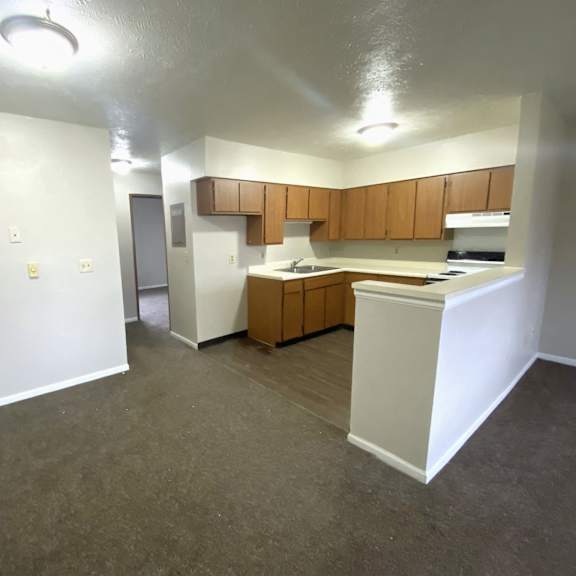 an empty living room and kitchen in an empty apartment