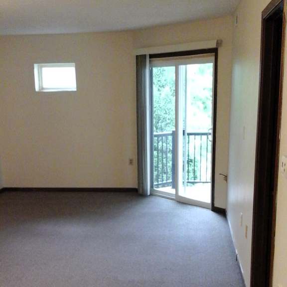 a room with a carpeted floor and a sliding glass door.