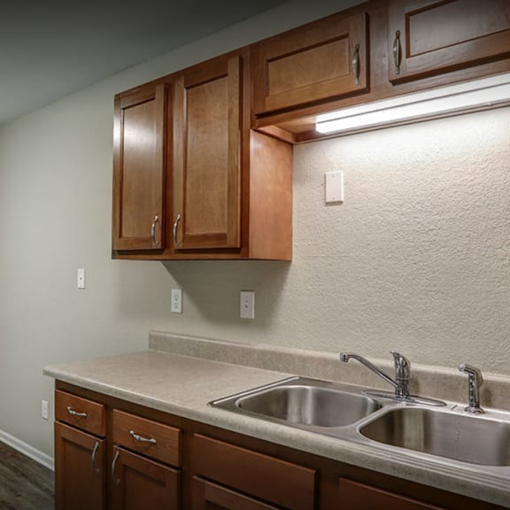 a kitchen with a sink and a window