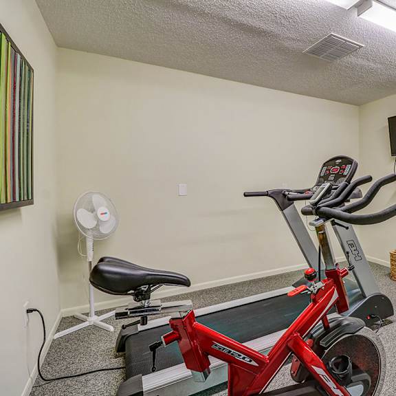a home gym with a bike and a tv