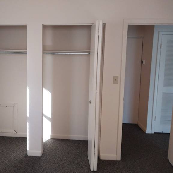 a white closet with a grey carpet and a white door.