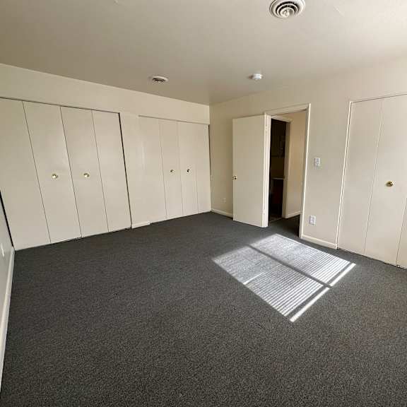 bedroom in one bedroom apartment with ample closet space