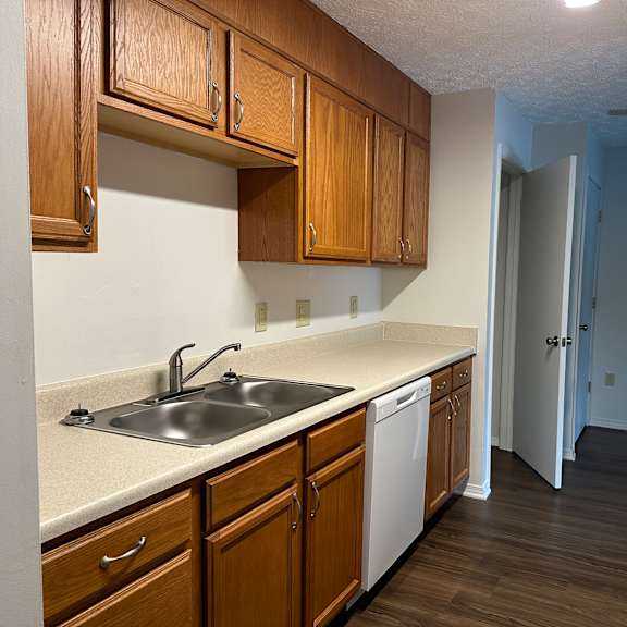 an empty kitchen with wooden cabinets and a sink